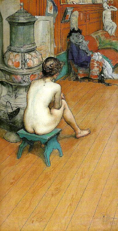 Carl Larsson leontine, naken rygg sittande-am ofen-i ateljen